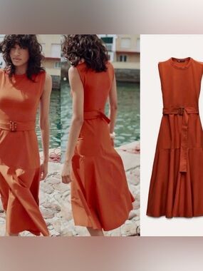 Zara Women’s Sleeveless Belted Contrast Fabric Midi Dress Rust Orange Medium